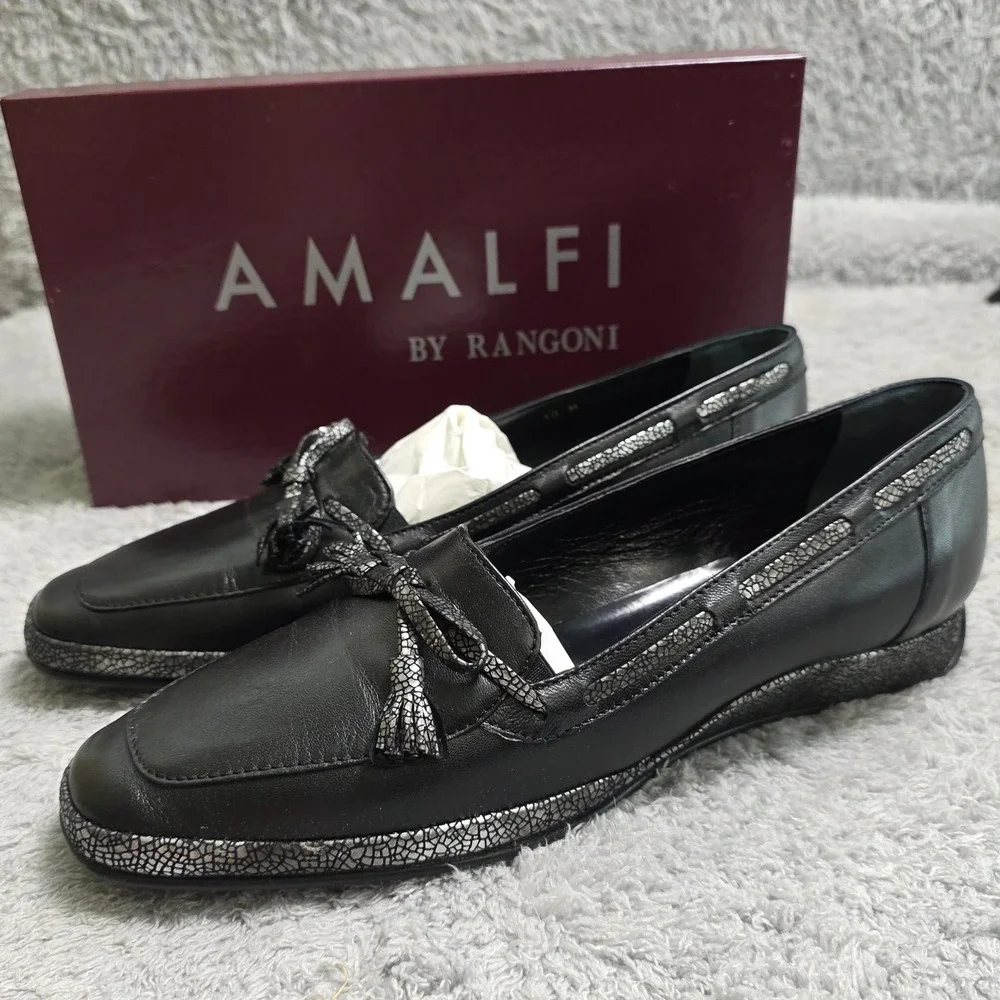 NEW Amalfi Rangoni Emanuela Black Italian‎ Leather Loafers Bow Detail 10M